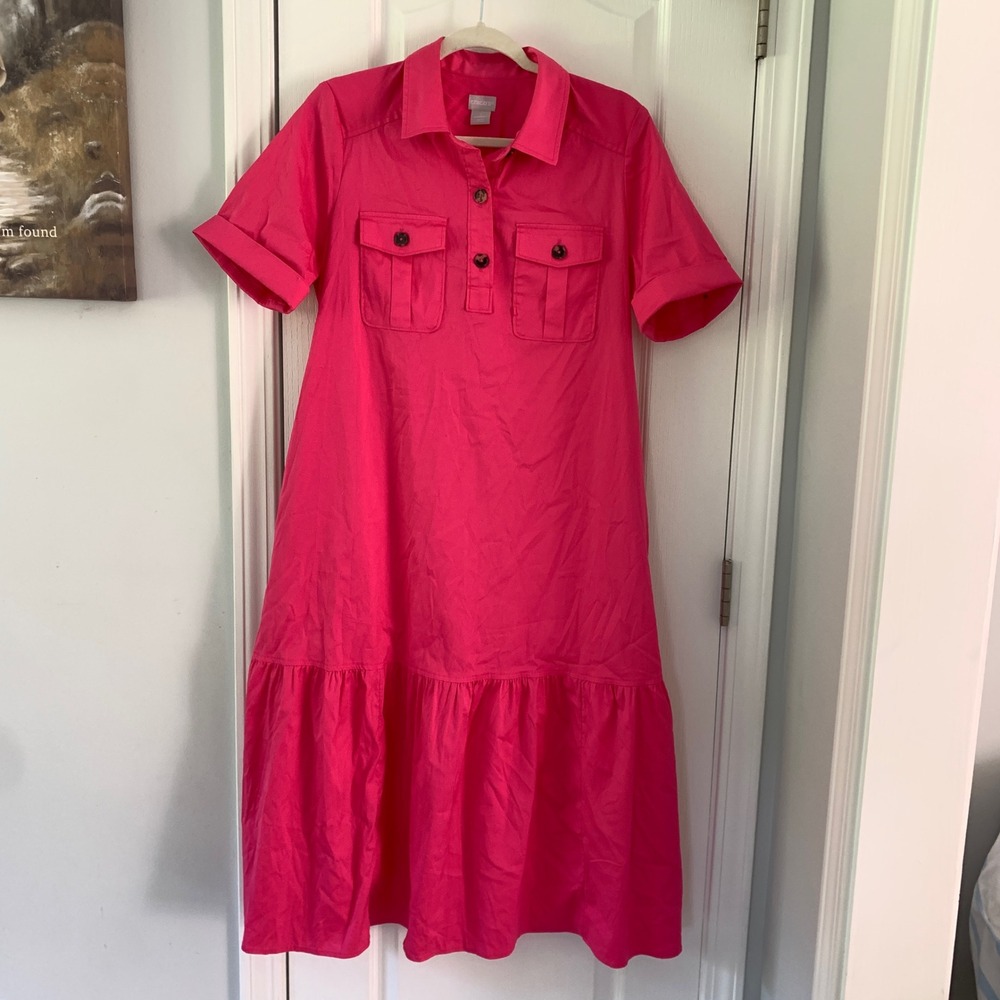 Chico's Pink Cotton Blend Tiered Midi Shirtdress Short Sleeve Size 1 M 8/10 - Picture 1 of 9